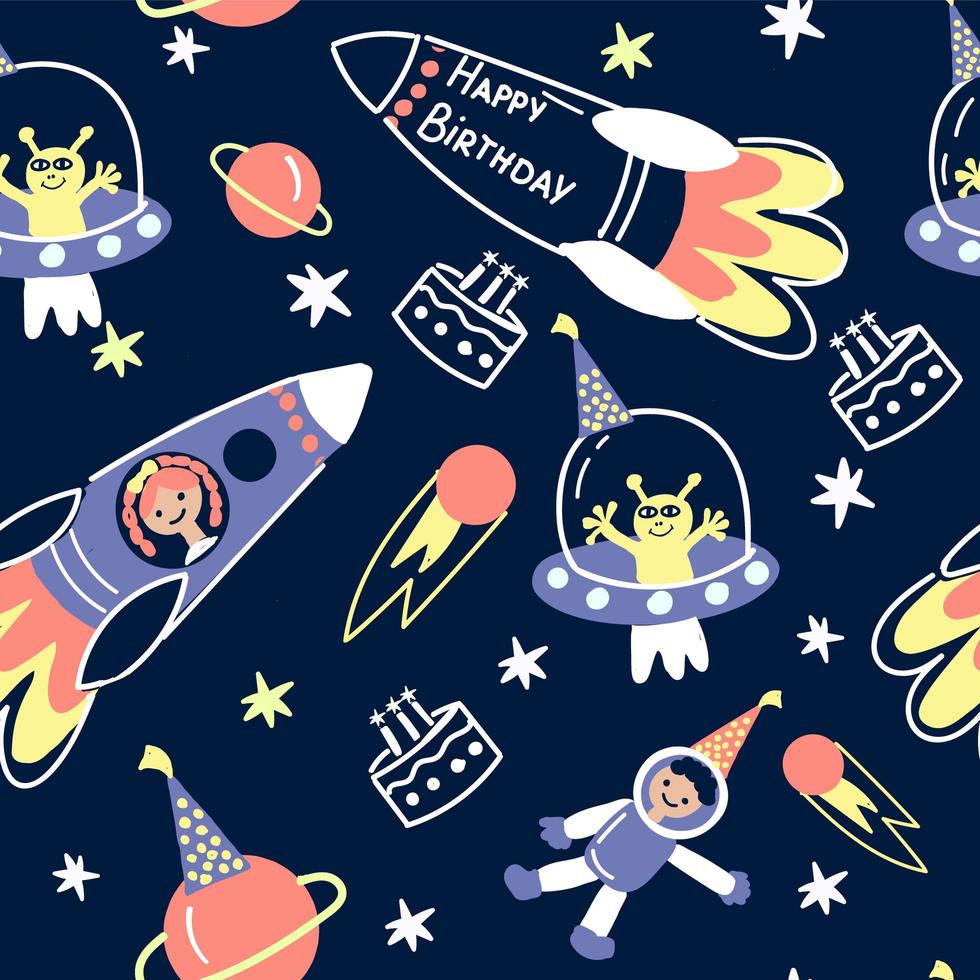 Space birthday background with rockets, planets, stars, cosmonauts vector