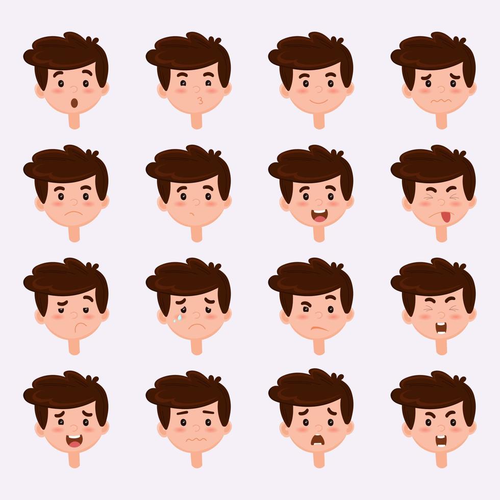 Set of boy emotions. Schoolboy portrait avatars. Variety of emotions teen guy. Emotional education .Vector illustration vector