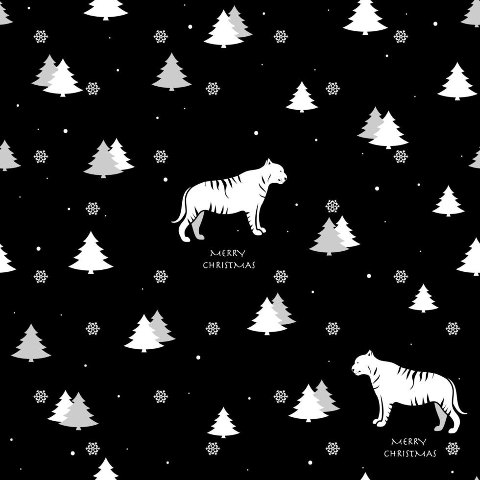 Beautiful Christmas print with white tiger and Christmas trees. vector