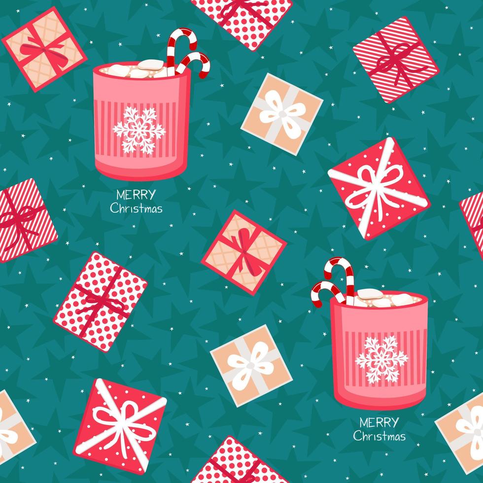 Winter pattern with coffee cups, gifts and stars. Design for seasonal textile, prints, scrapbook, greeting card, wrapping paper. vector