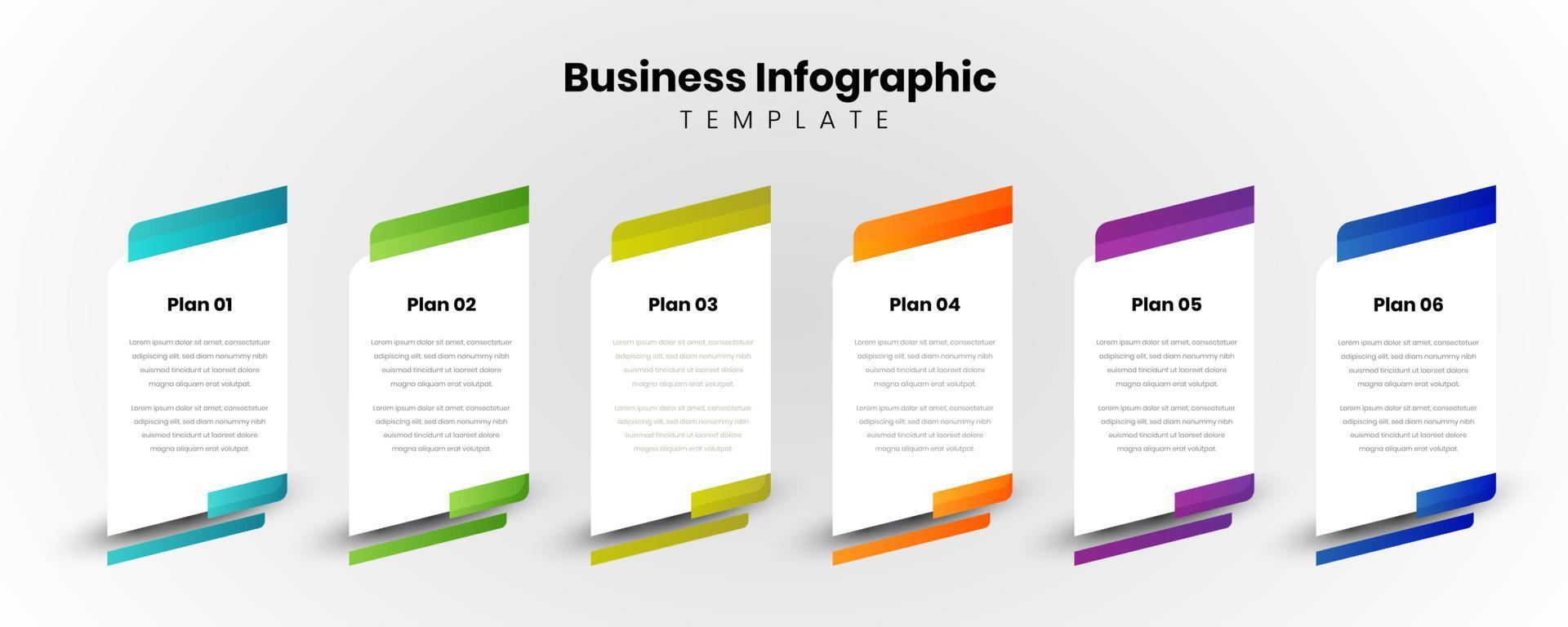 six colorful rectangle elements and text box. Business model concept with 6 successive steps or plans. Modern infographic design template. Vector illustration.