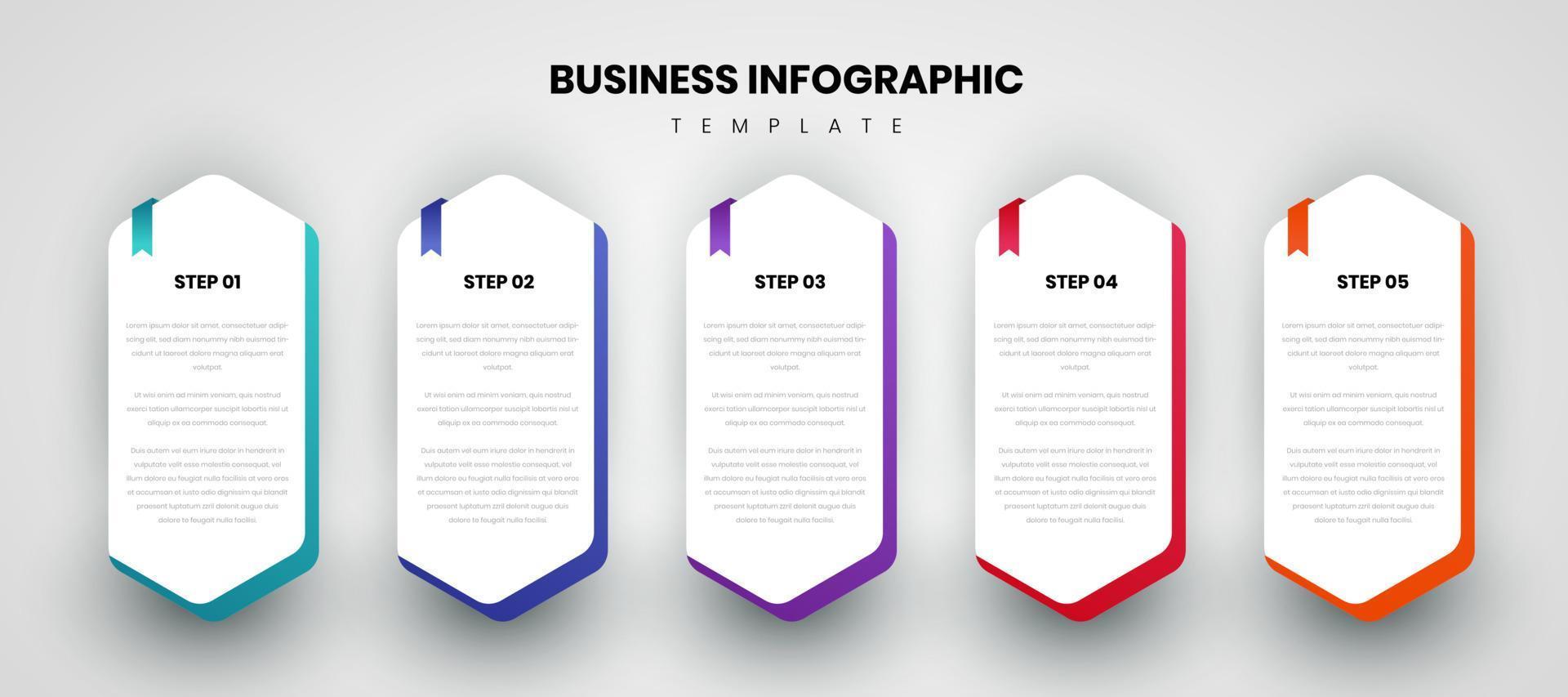 five colorful geometric elements and text box. Business model concept with 5 successive steps or plans. Modern infographic design template. Vector illustration.