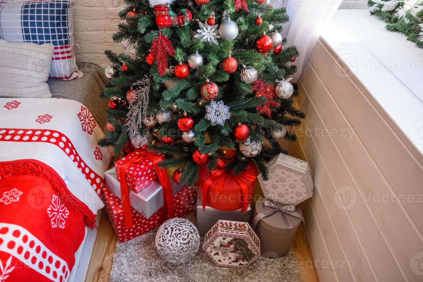 Beautiful Christmas festive interior in a country house on Christmas Eve photo