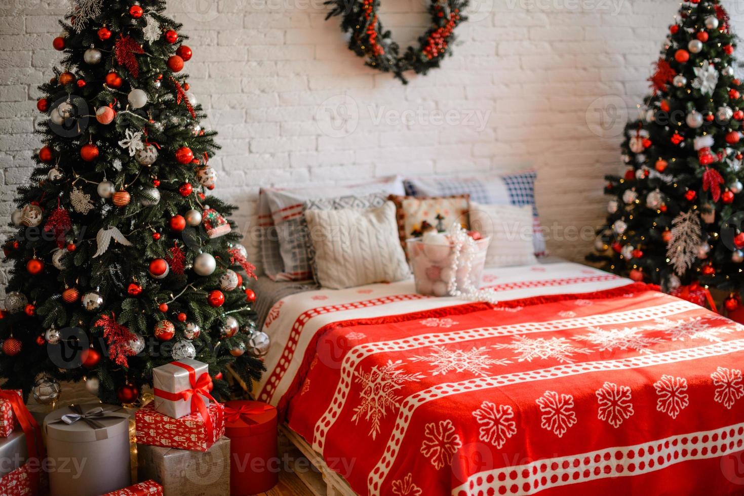 Beautiful Christmas festive interior in a country house on Christmas Eve photo