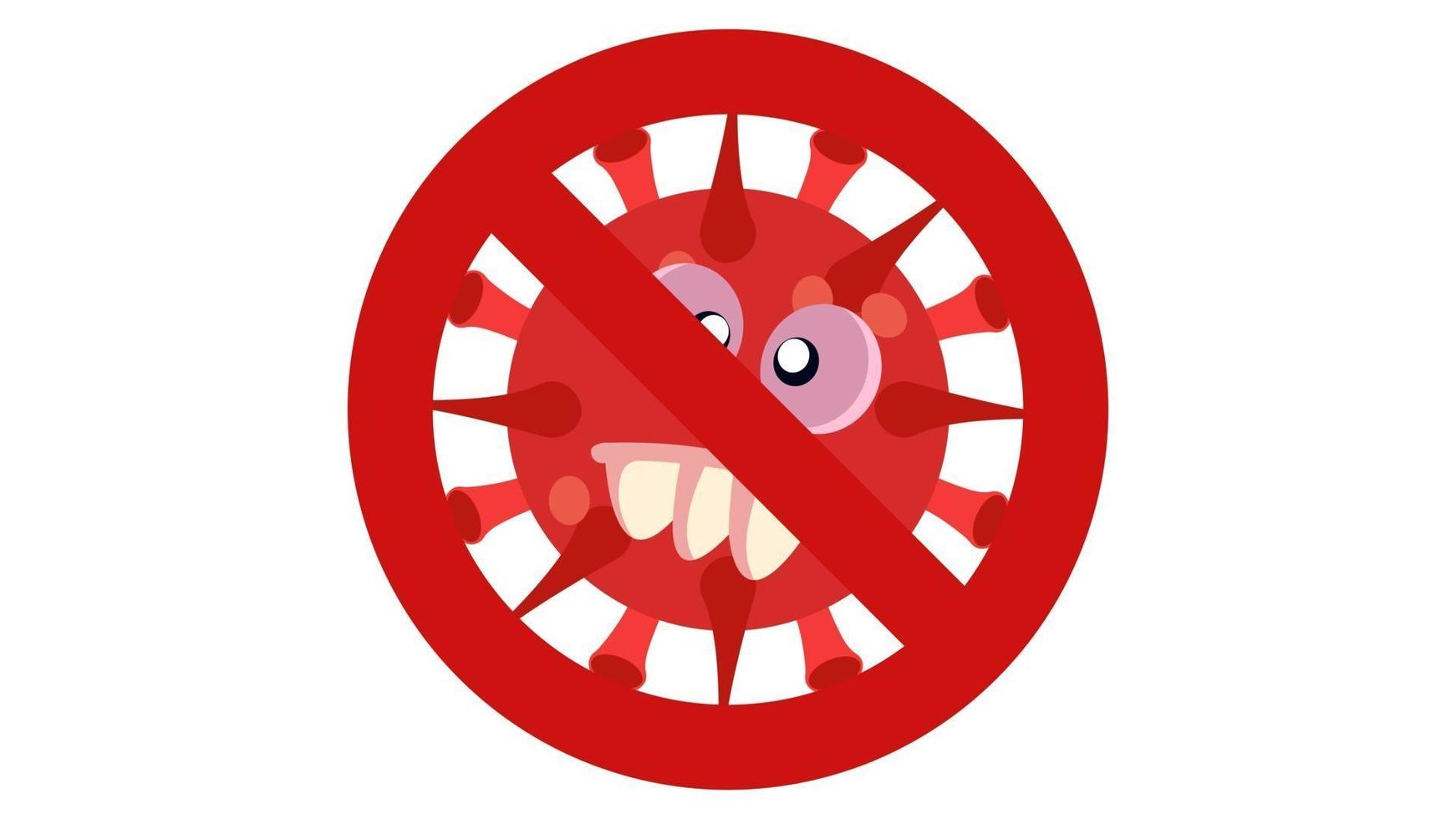 gráfico de vector de ilustración de ningún signo de bacterias con germen de dibujos animados lindo en diseño de estilo plano sobre fondo blanco. Prohibir microorganismos microbios y virus. detener la señal de advertencia de virus. vector eps10.