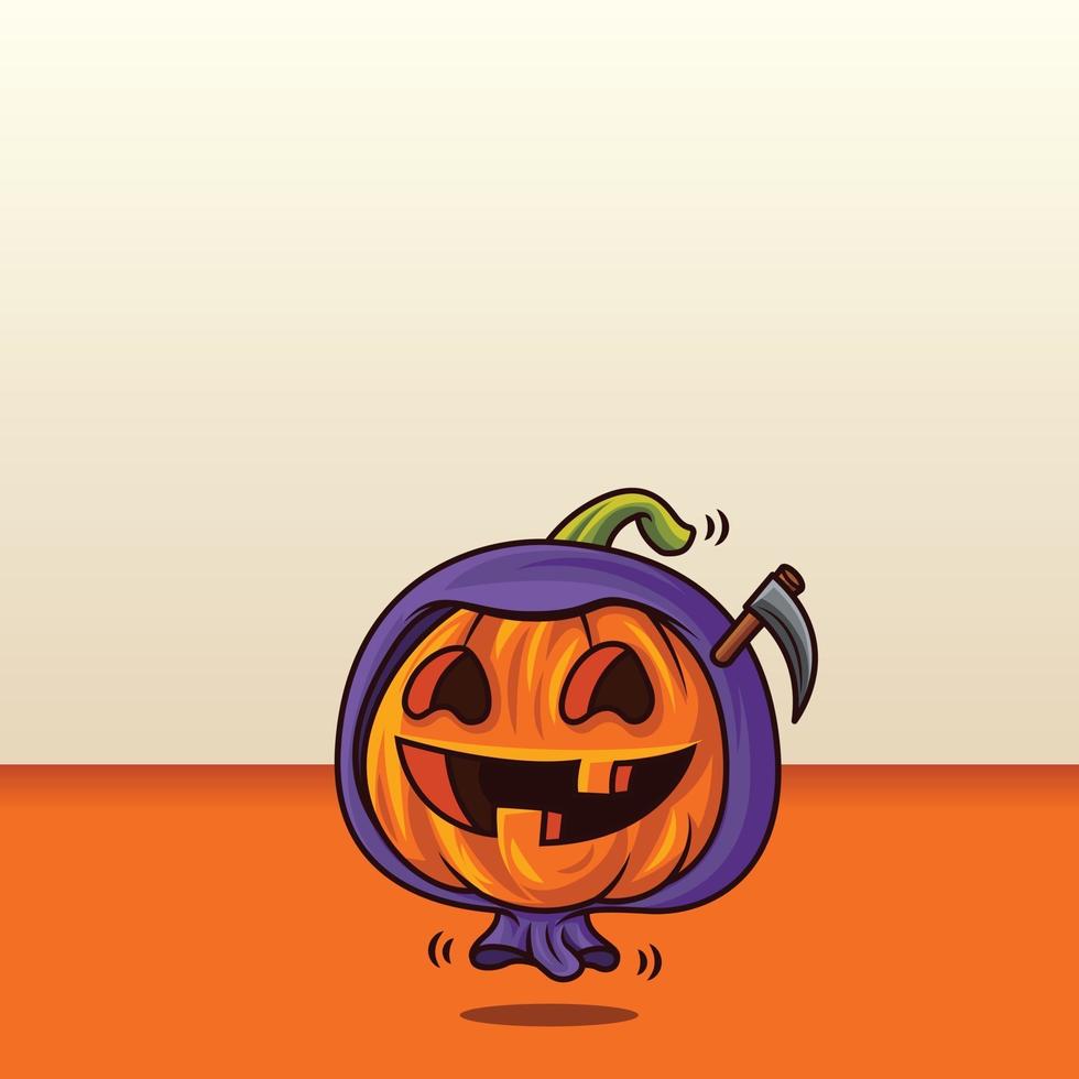 Happy Halloween. Cartoon cute pumpkin with grim reaper costume on empty space background vector