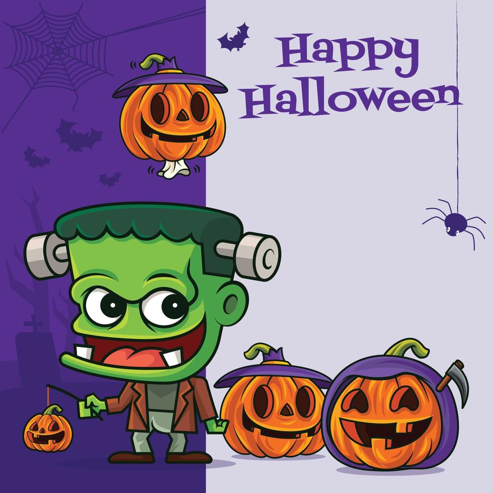 caricatura, lindo, frankenstein, monstruo, con, vario, divertido, calabaza, en, halloween, saludo, letrero vector