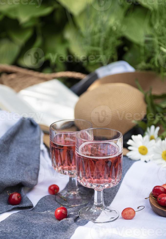 Set for picnic on blanket in lavender field photo