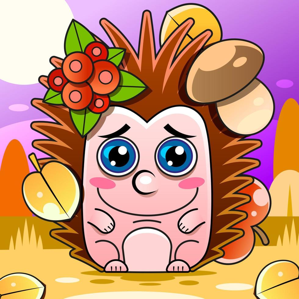 Cheerful smiling hedgehog eats ripe berries of viburnum and autumn leaves isolated on white background. Vector cartoon