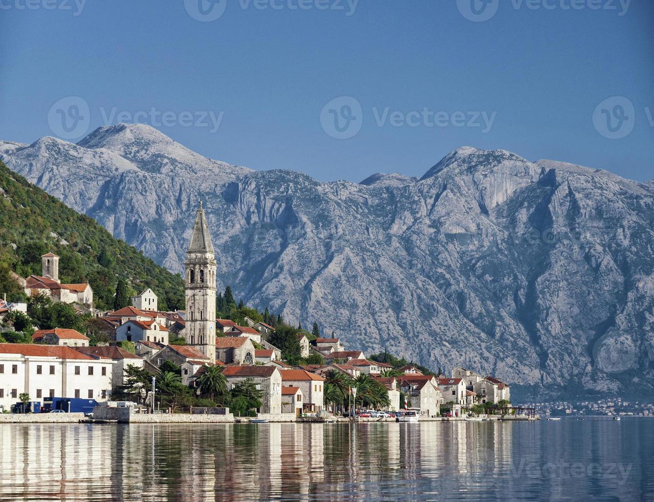 perast traditional balkan village mountain landscape near kotor in montenegro photo