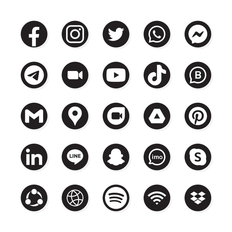 conjunto de logotipo monocromo de redes sociales en fondo negro vector