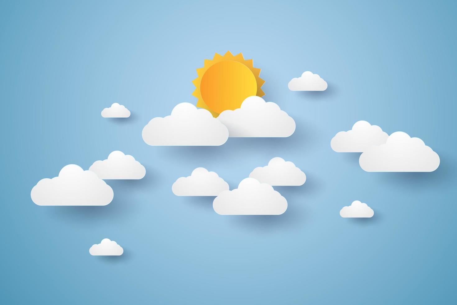 Cloudscape, blue sky with clouds and sun, paper art style vector