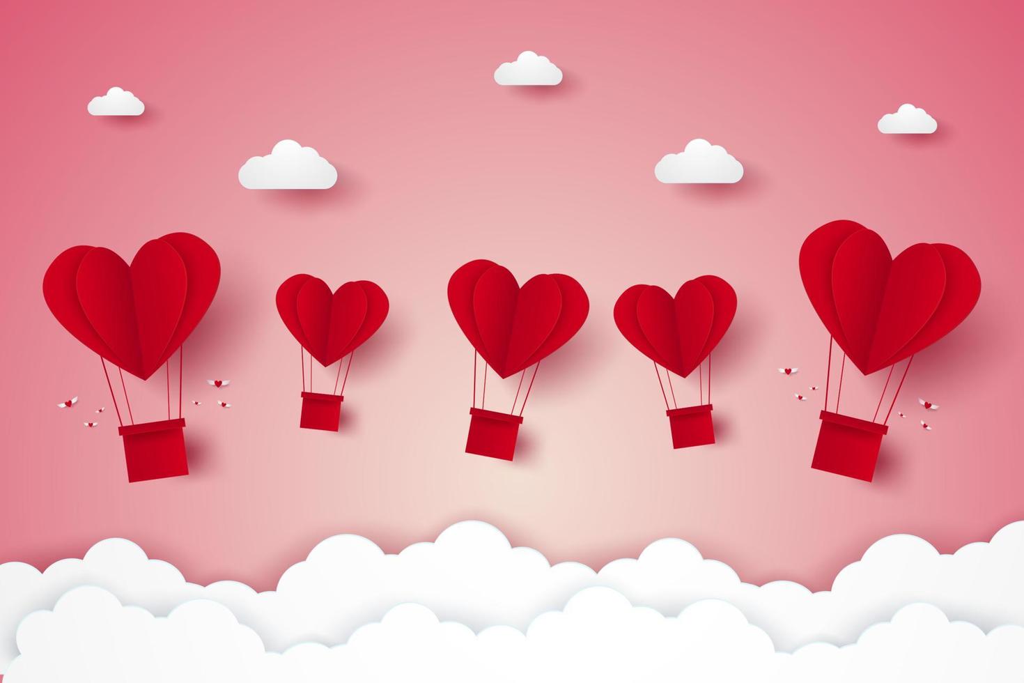 Valentines day, red heart hot air balloons flying, paper art style vector