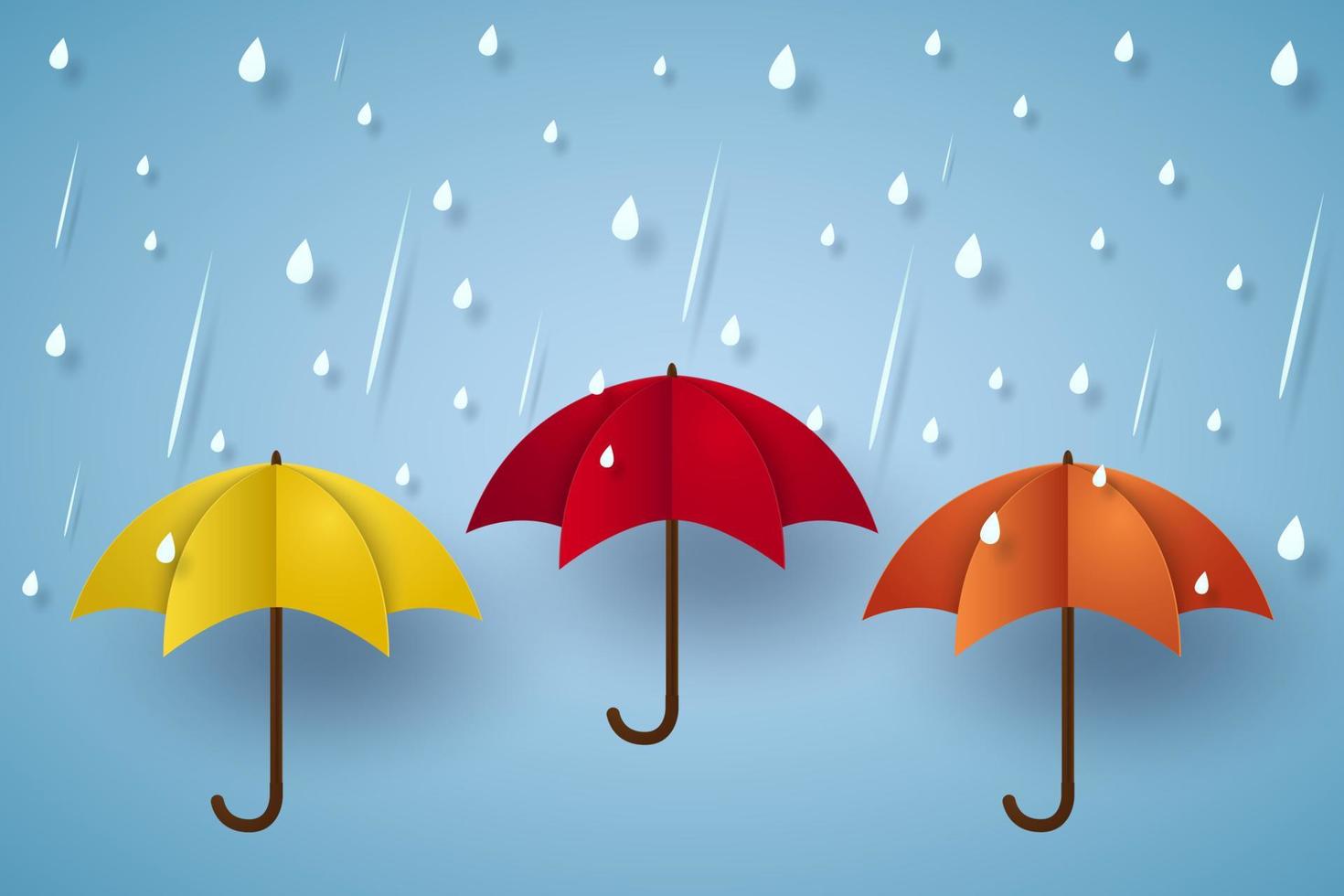 Colorful umbrella with rain, paper art style vector