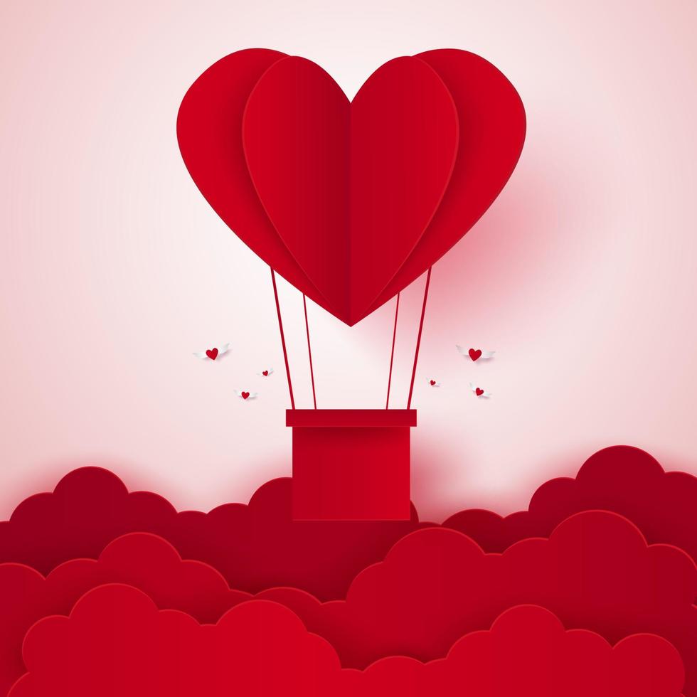 Valentines day, Illustration of love, Hot air balloon in a heart shape flying on sky, paper art style vector