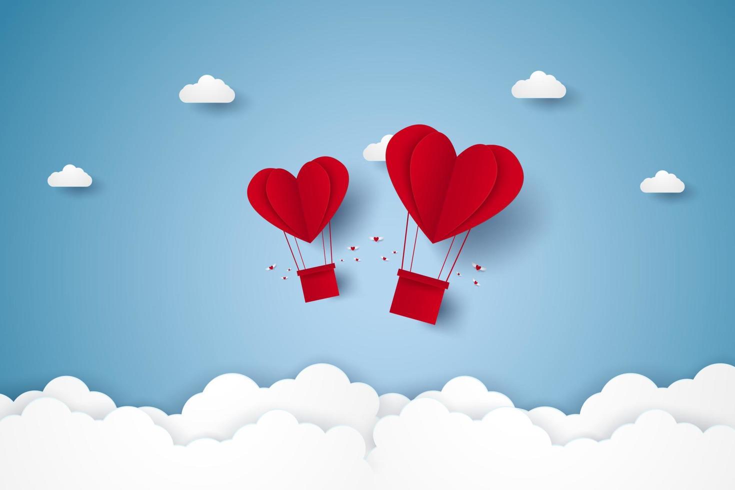 día de san valentín, ilustración del amor, globos aerostáticos de corazón rojo volando en el cielo, estilo de arte en papel vector