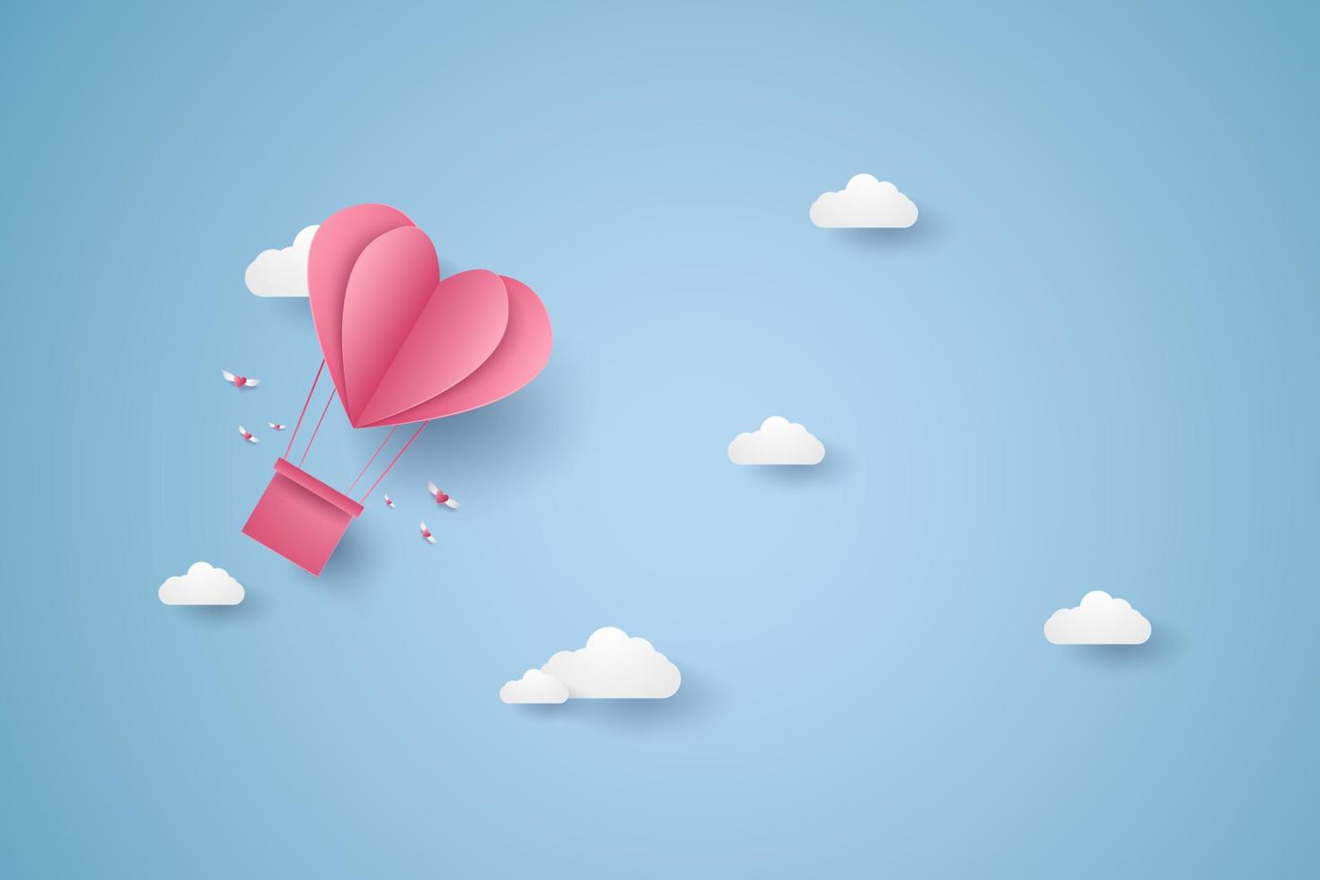 Valentines day, Illustration of love, pink heart hot air balloon flying in the blue sky, paper art style vector