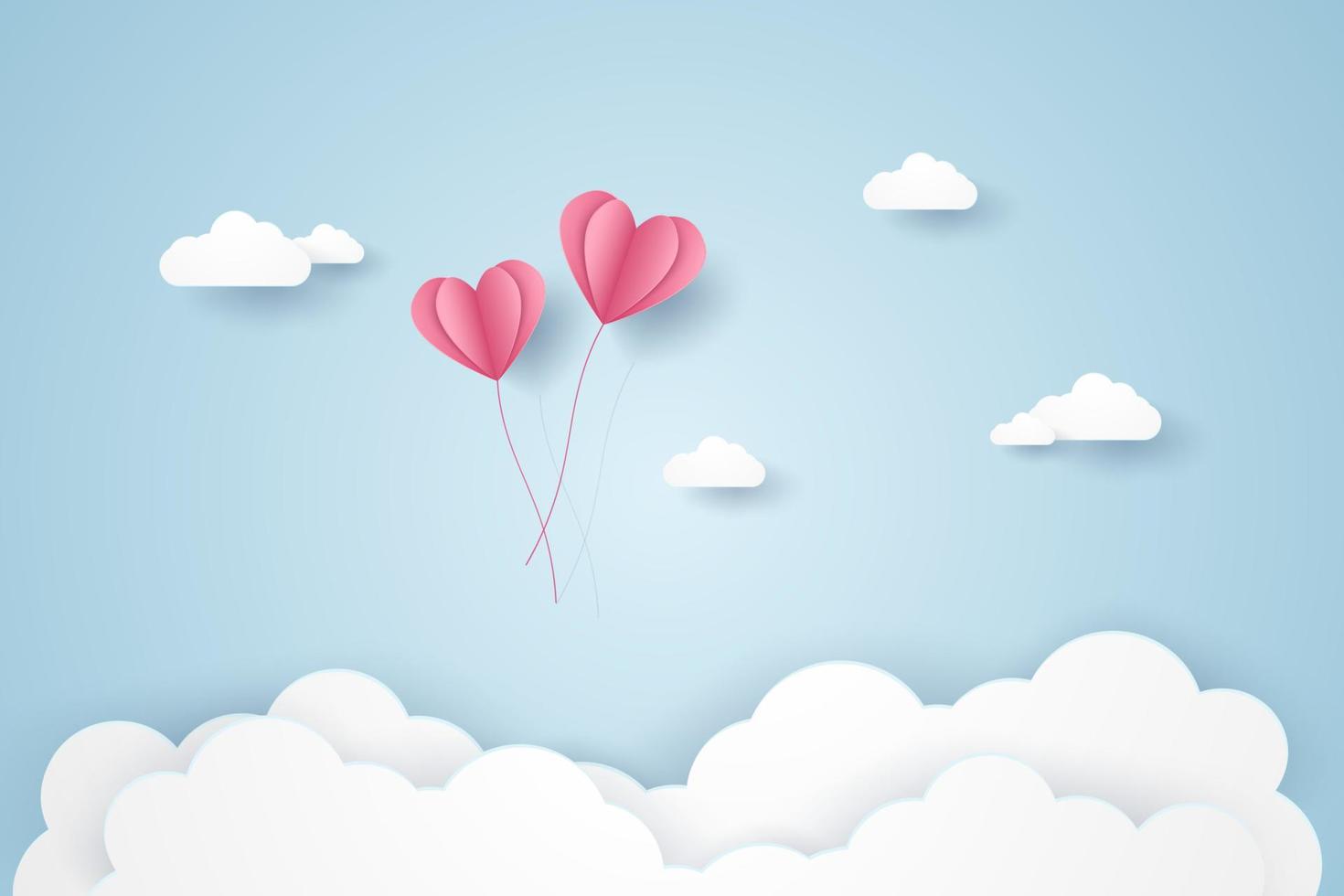 día de san valentín, ilustración del amor, globos de corazón rosa volando en el cielo azul, estilo de arte de papel vector