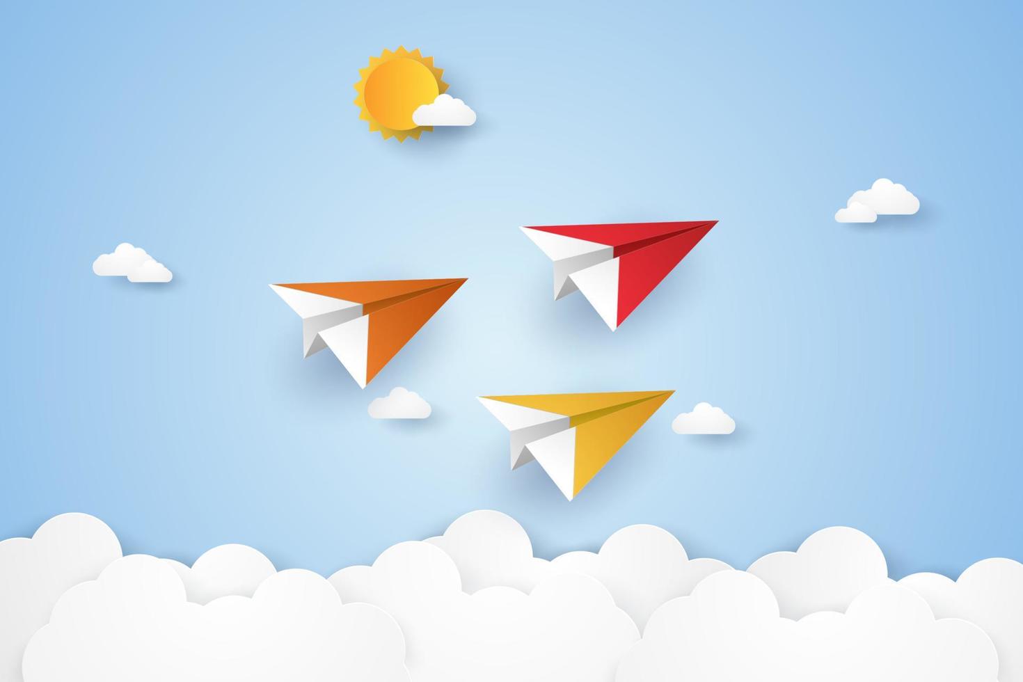 Colorful origami planes flying in the sky , paper art style vector