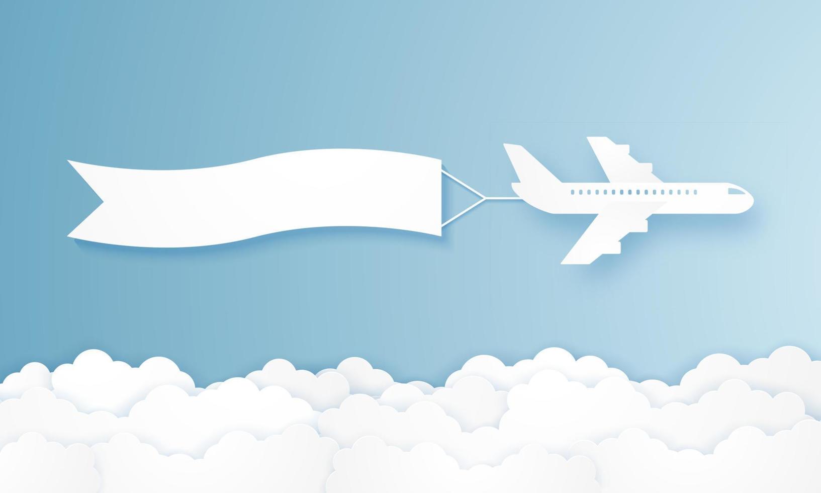 Flying airplane pulling advertising banner, paper art style vector