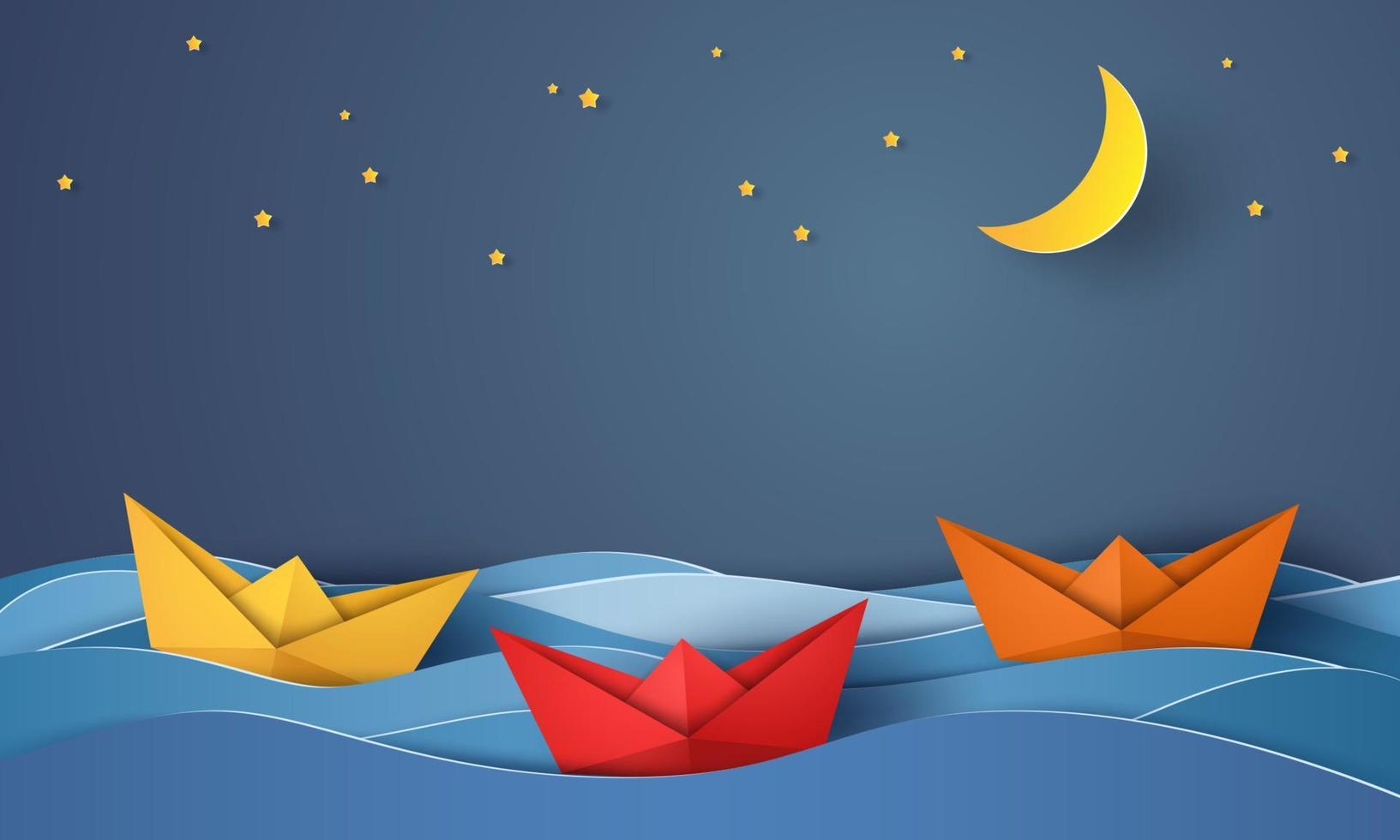Barco de origami navegando en el océano azul por la noche, estilo de arte en papel vector