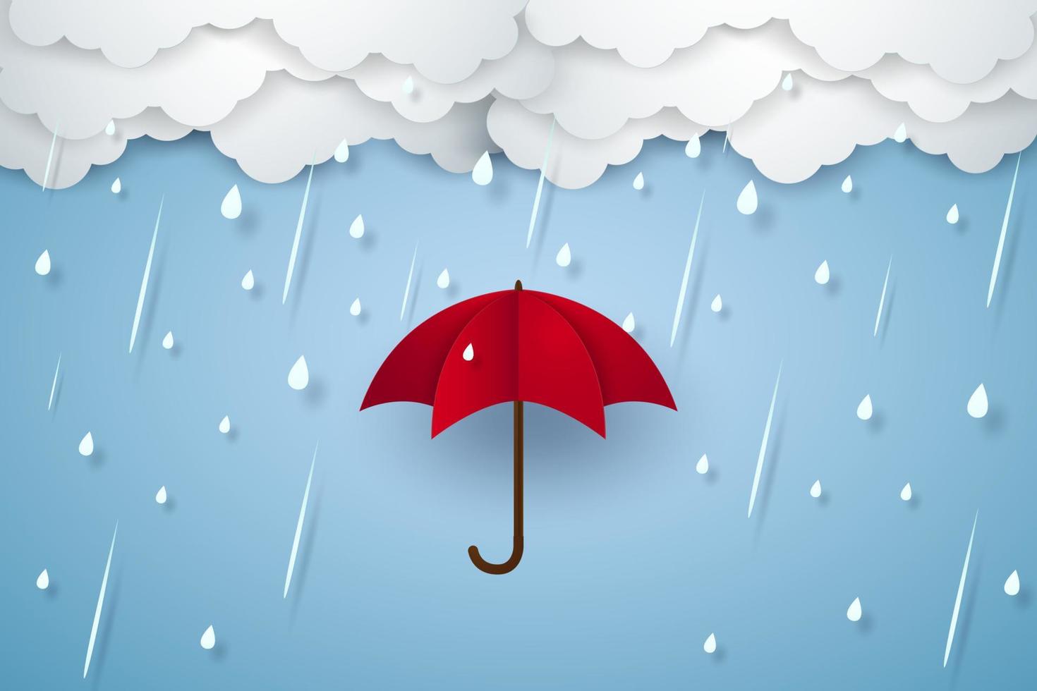 Umbrella with heavy rain, rainy season, paper art style vector