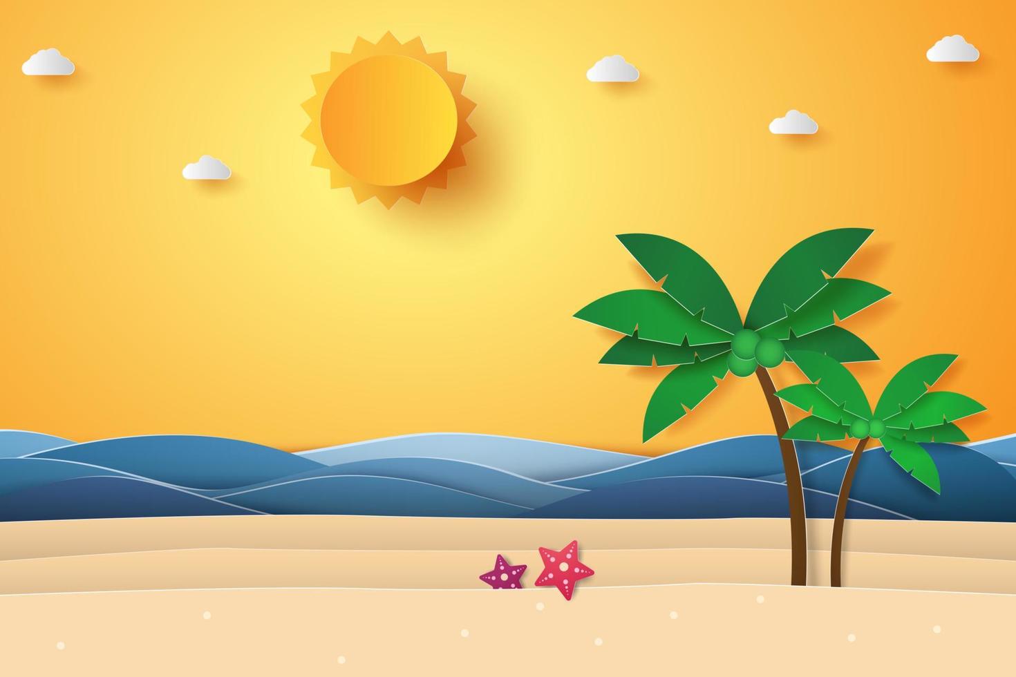 paisaje marino con cocotero en la playa y la isla, estilo de arte en papel vector