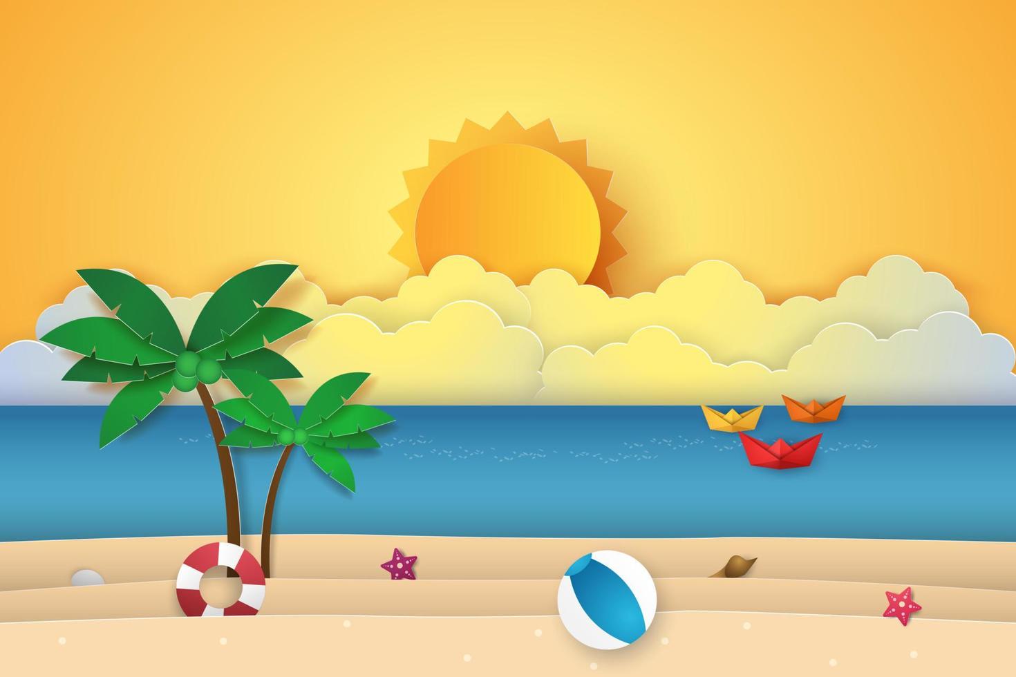 paisaje marino con cocotero en la playa y la isla, estilo de arte en papel vector