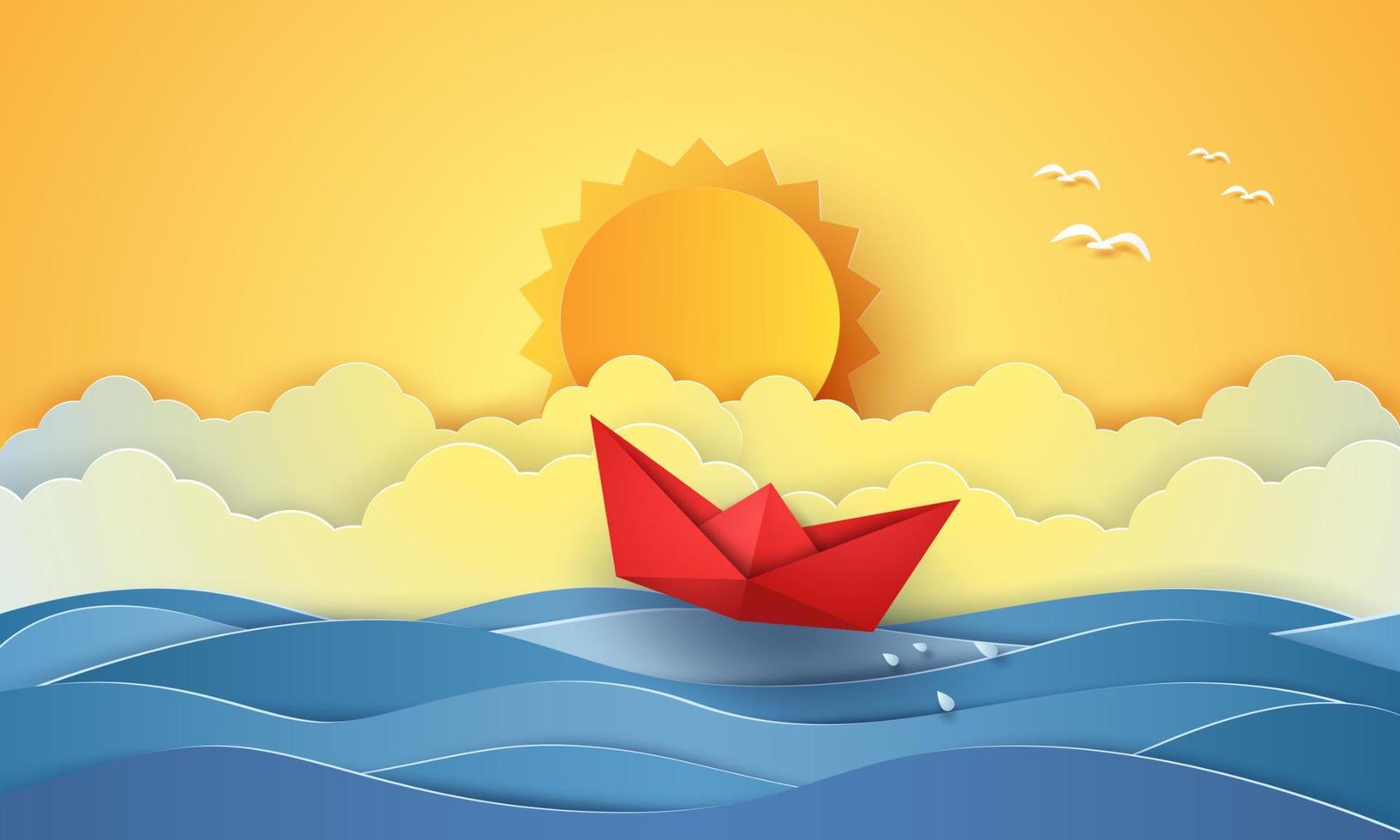 horario de verano, mar con barco de origami y sol, estilo de arte en papel vector