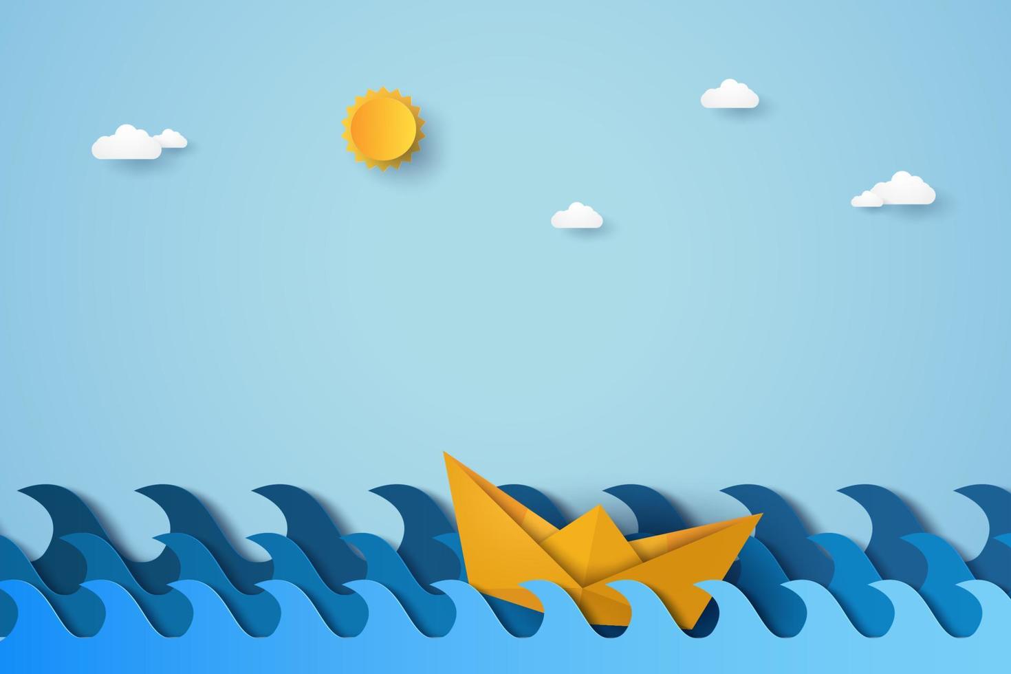 Blue wave in ocean with boat sailing, paper art style vector