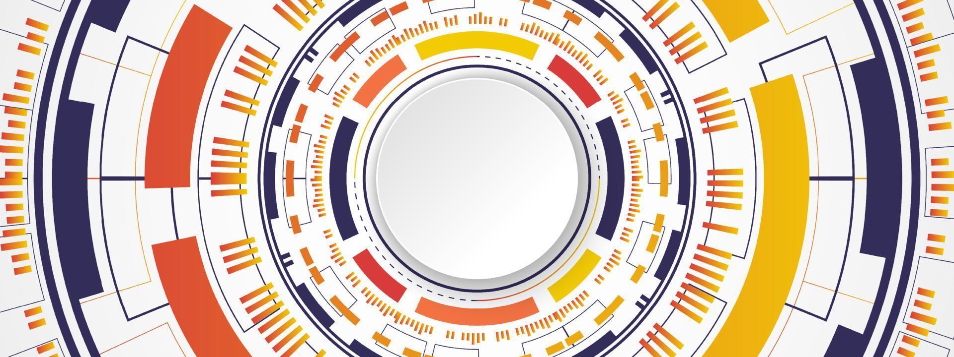 Fondo de tecnología colorido abstracto, banner de círculo blanco en círculo digital degradado azul y naranja y patrón de placa de circuito vector