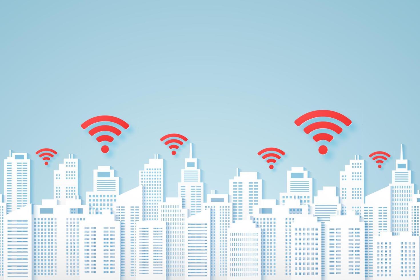 Paisajes urbanos, edificio de papel con señal, icono wifi. vector