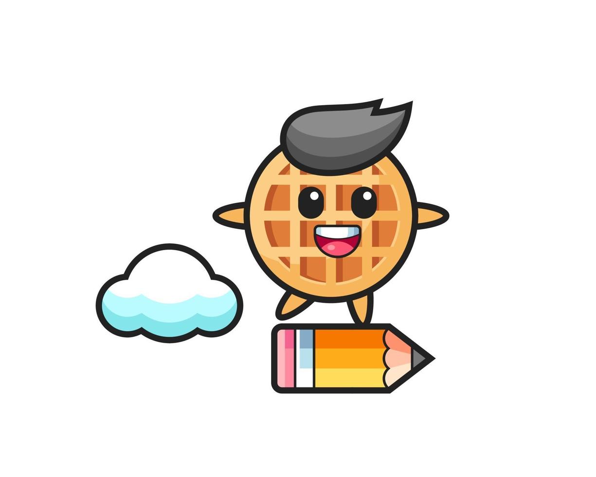 circle waffle mascot illustration riding on a giant pencil vector