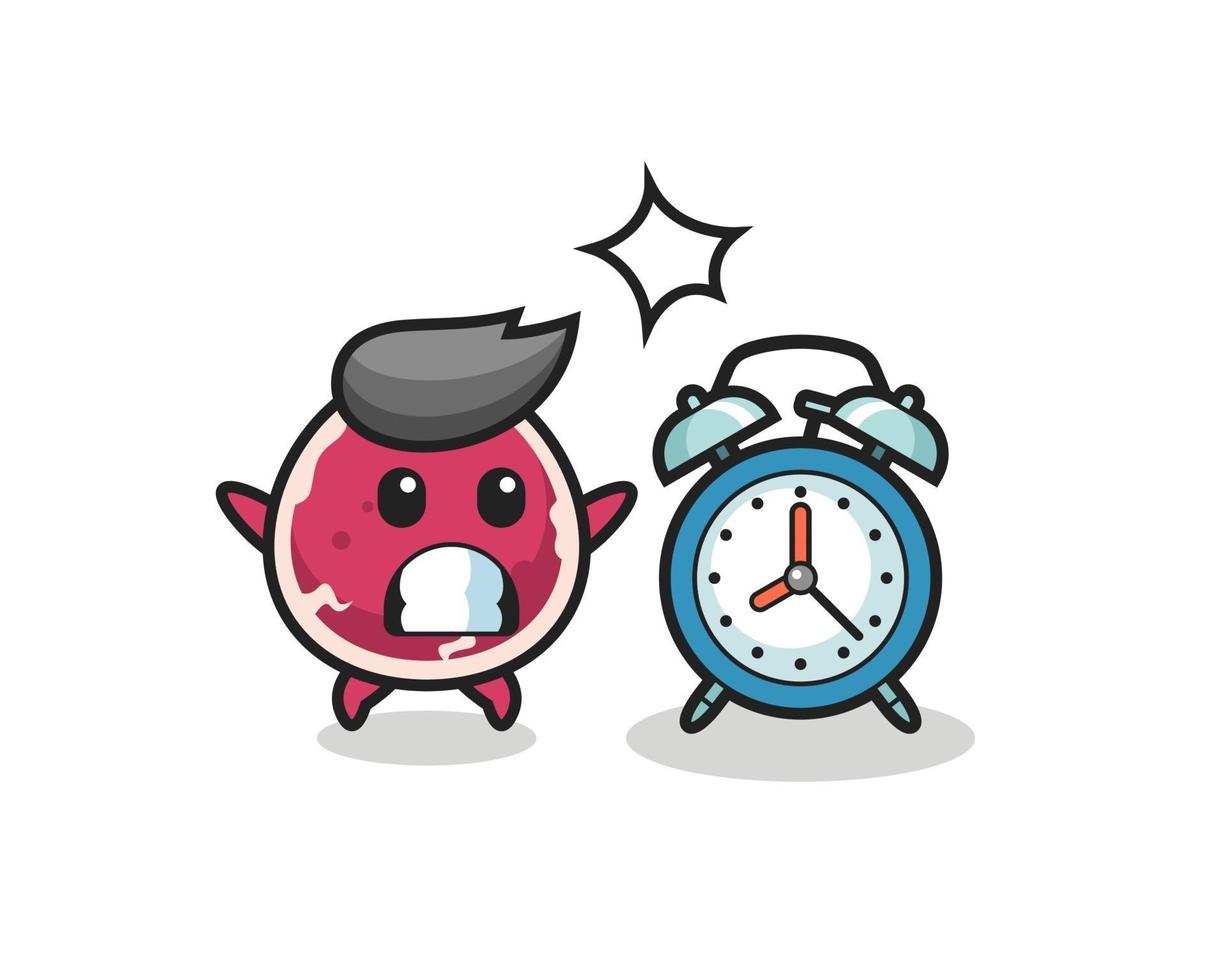 Cartoon Illustration of beef is surprised with a giant alarm clock vector