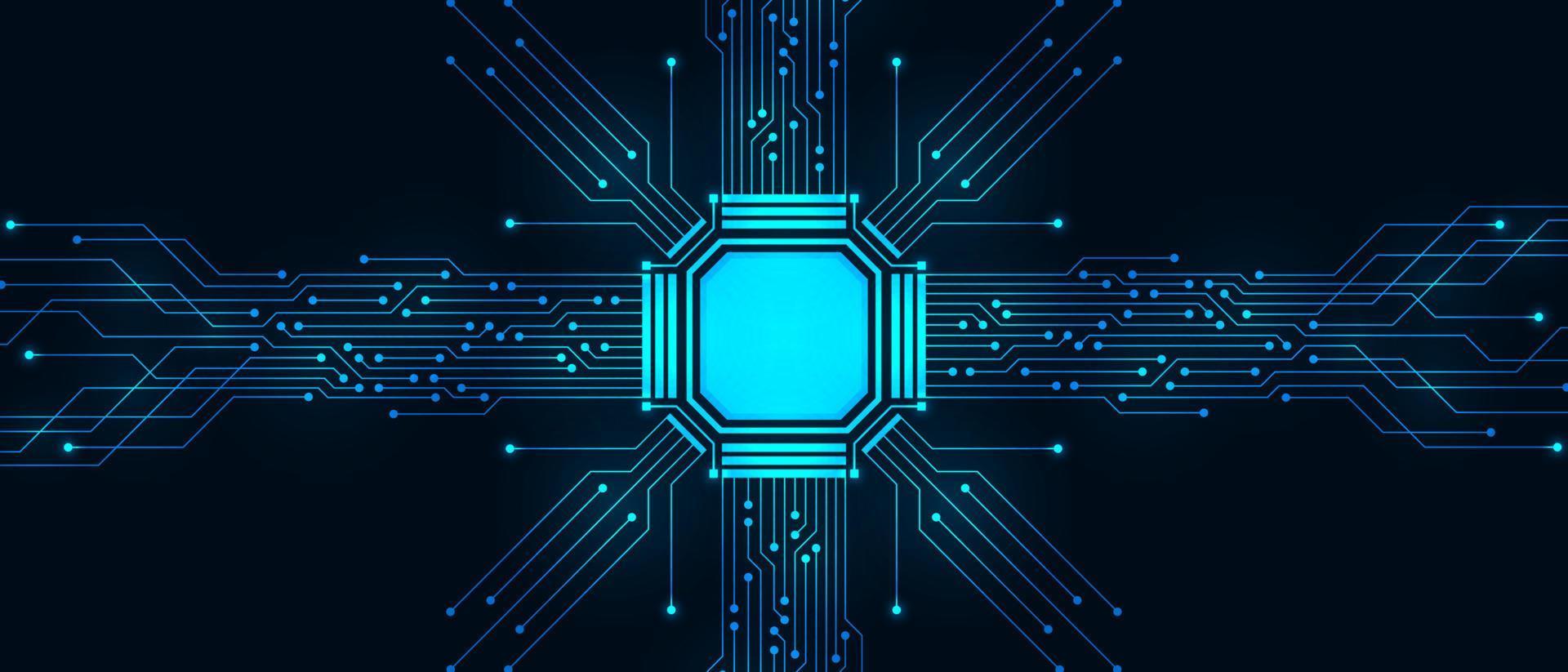 Fondo de tecnología abstracta, placa de circuito azul y microchip, línea de alimentación digital vector