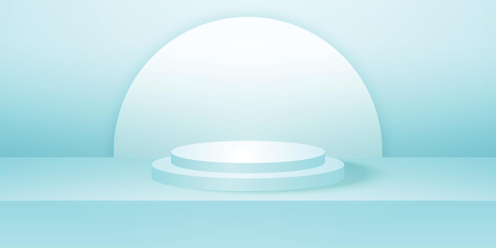 Realistic round podium or pedestal with cyan empty studio room, minimal product background, template mock up for display, geometric shape vector