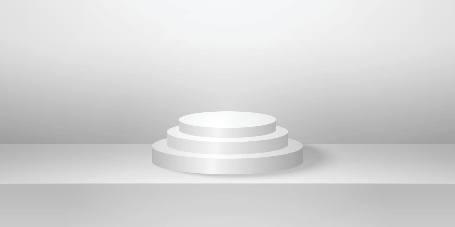 Realistic round podium or pedestal with grey empty studio room, minimal product background, template mock up for display, geometric shape vector