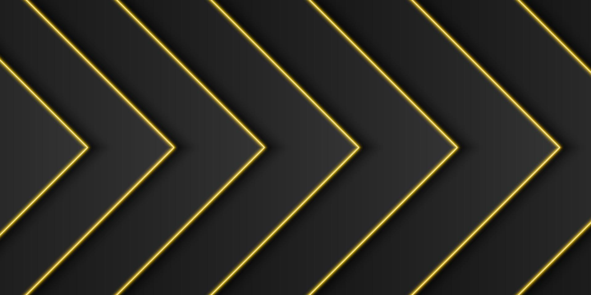 Abstract gold metallic, black frame background, triangular overlap layer with yellow light line, arrow or triangle shape, dark minimal design with copy space, vector illustration
