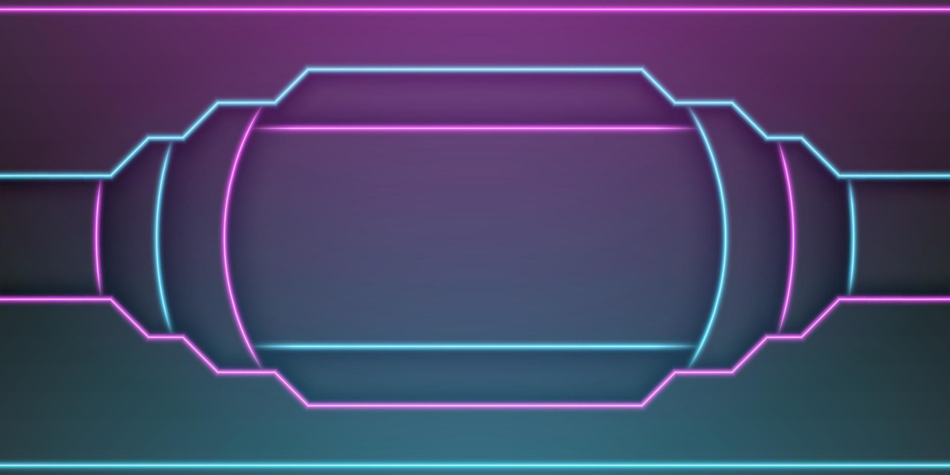 Abstract metallic black frame background, circular overlap layer with rectangle inside with blue and purple neon light line, circle shape, dark minimal design with copy space, vector illustration