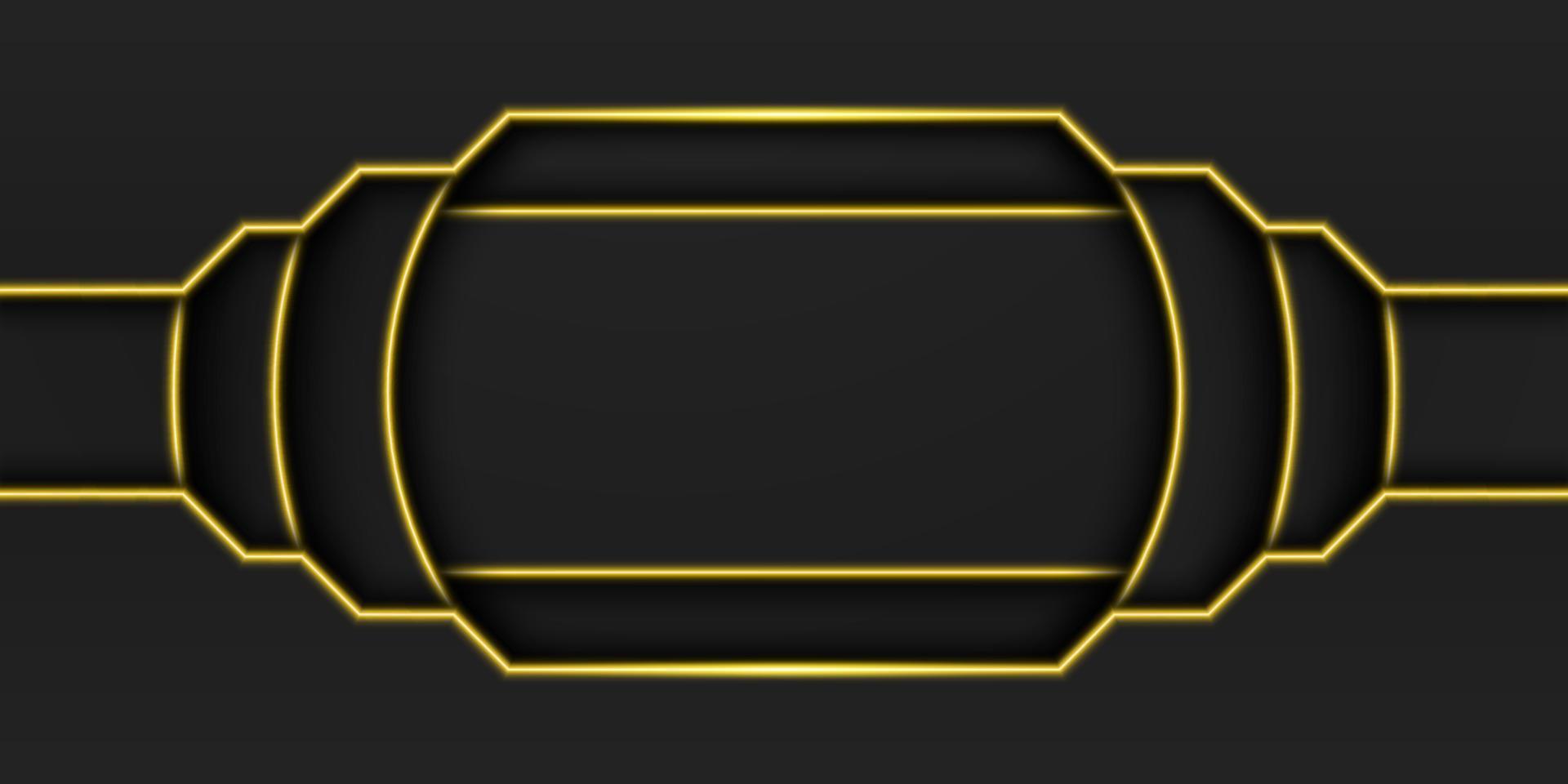 Abstract gold metallic black frame background, circular overlap layer with rectangle inside with yellow light line, circle shape, dark minimal design with copy space, vector illustration