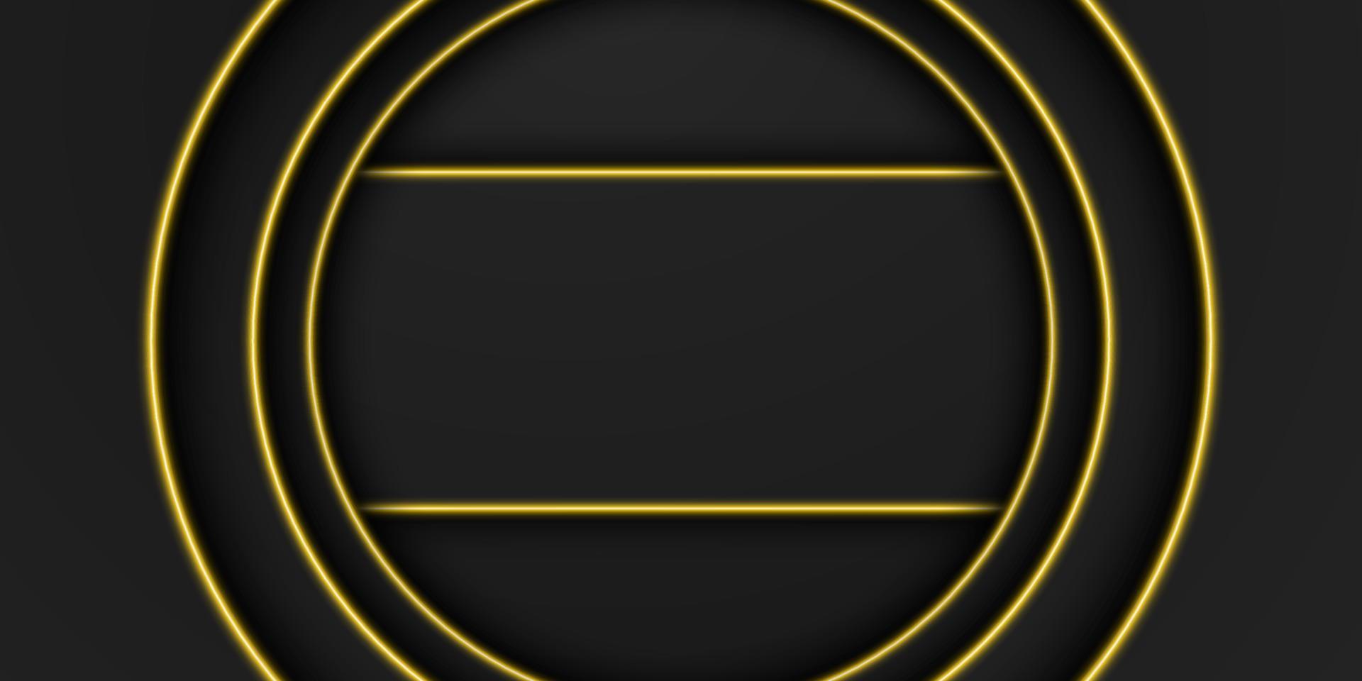 Abstract gold metallic, black frame background, circular overlap layer with yellow light line, circle and rectangle shape, dark minimal design with copy space, vector illustration