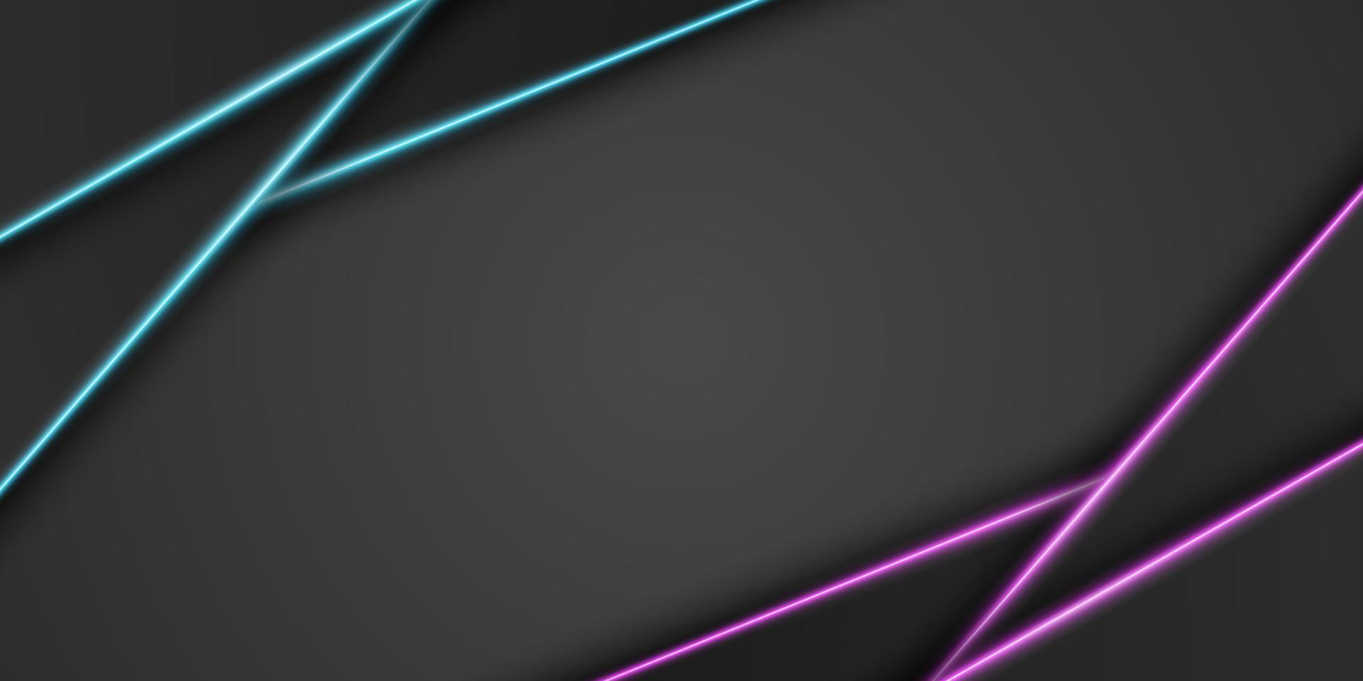 Abstract metallic black frame background, triangular overlap layer with bright neon blue and purple light line, diagonal shape, dark minimal design with copy space, vector illustration