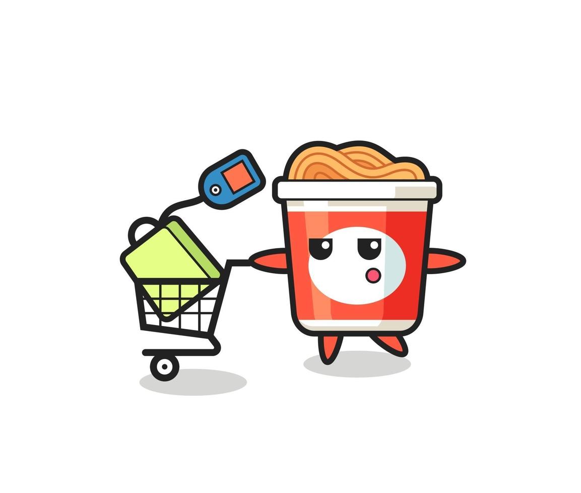 instant noodle illustration cartoon with a shopping cart vector