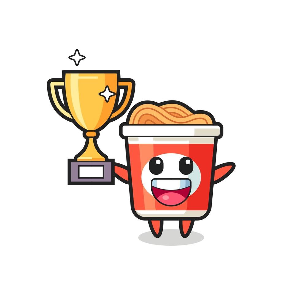 Illustration of instant noodle is happy holding up the golden trophy vector