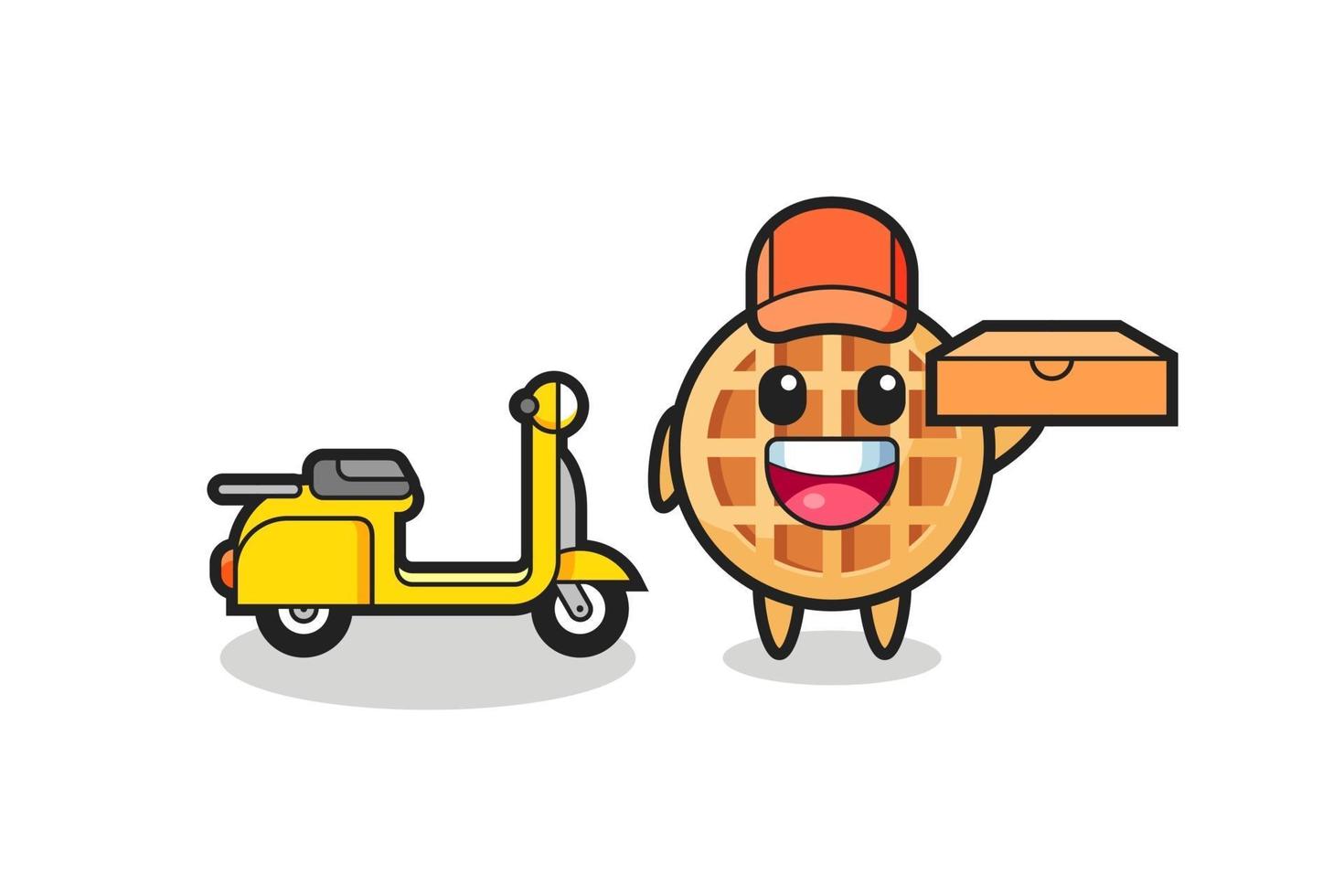 Ilustración de personaje de gofre circular como repartidor de pizzas vector