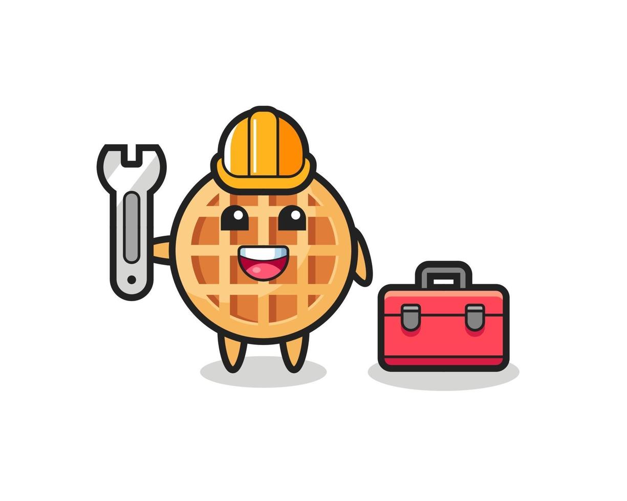 Mascot cartoon of circle waffle as a mechanic vector