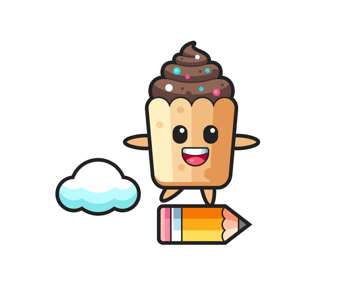 cupcake mascot illustration riding on a giant pencil vector