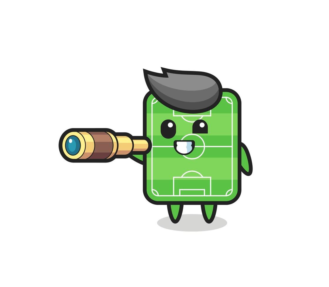 lindo personaje de campo de fútbol sosteniendo un viejo telescopio vector