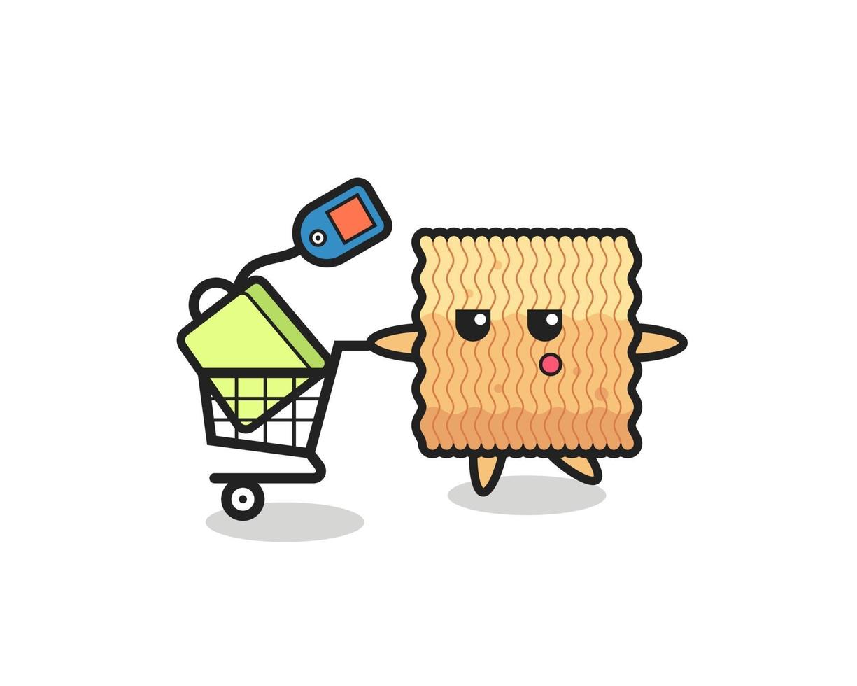 raw instant noodle illustration cartoon with a shopping cart vector