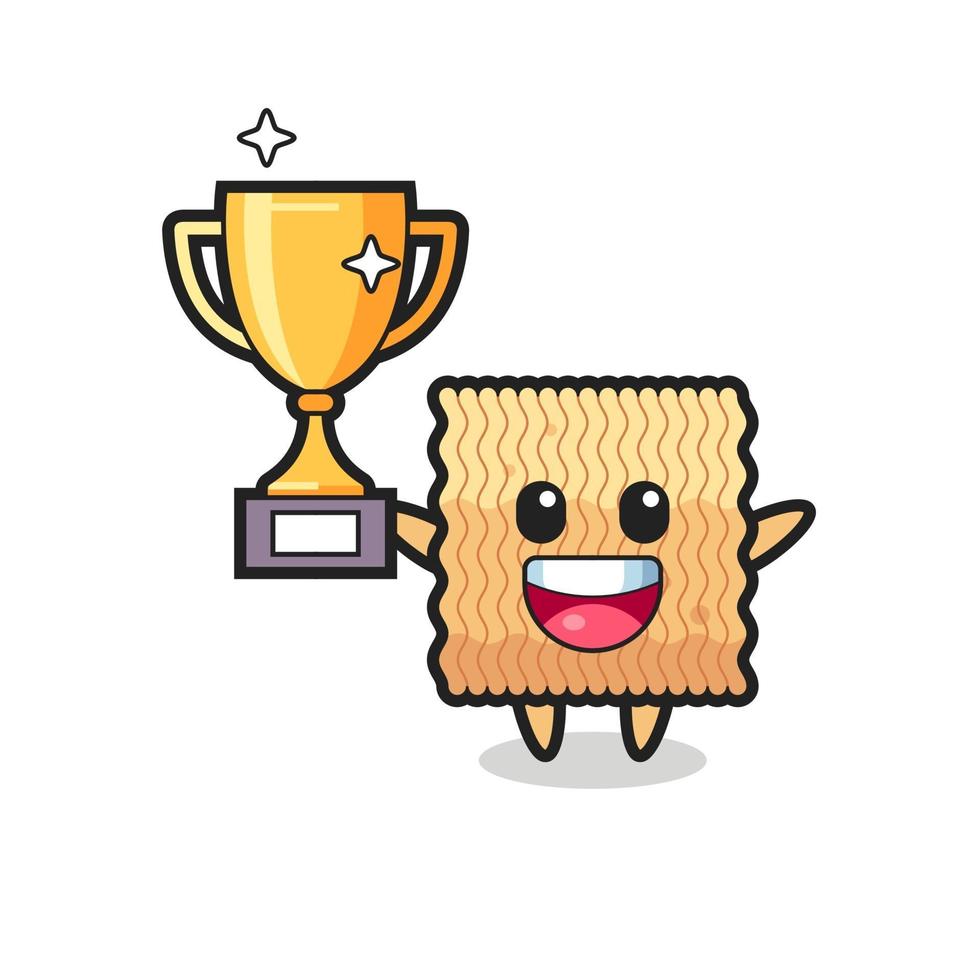 Cartoon of raw instant noodle is happy holding up the golden trophy vector